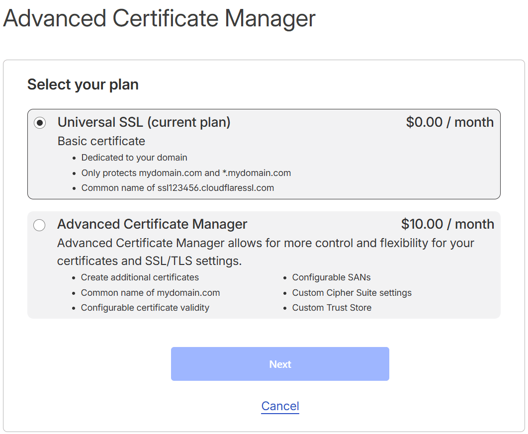 Cloudflare Pricing / Order from for the Advanced Certificate Manager